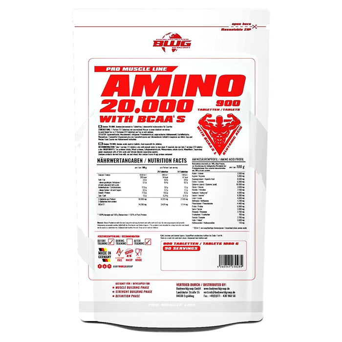 (14,34 Eur / KG) BodyWorldGroup Bwg Amino 20000 900 Tablets + Bcaas + Glutamine