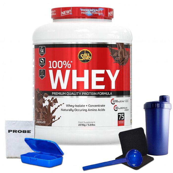 All Stars 100%* Whey Protein Eiweiß 2,27kg Dose + Bonus Produktproben Cookies-Cream