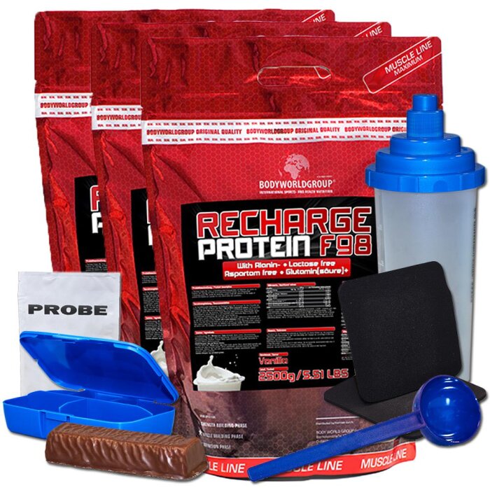 Bodyworldgroup Recharge Protein Eiweiss 3 x 2500g Beutel + Bonus Cookies Griffpolster